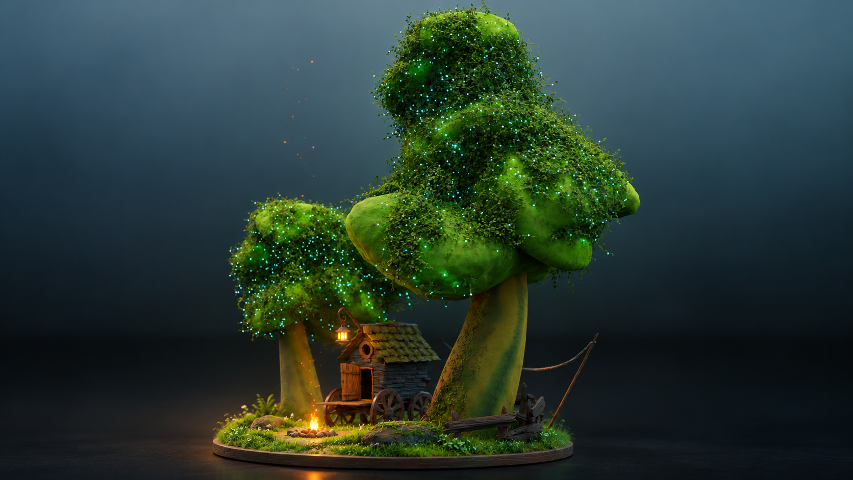The finished treehouse island rendered against a moonlit sky