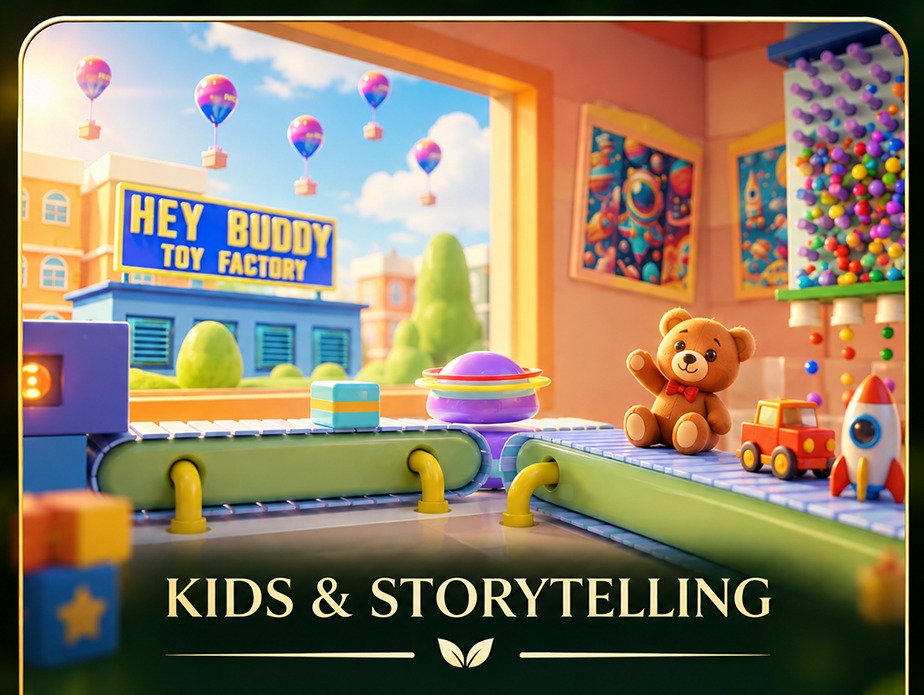 A colourful animated toy factory playroom