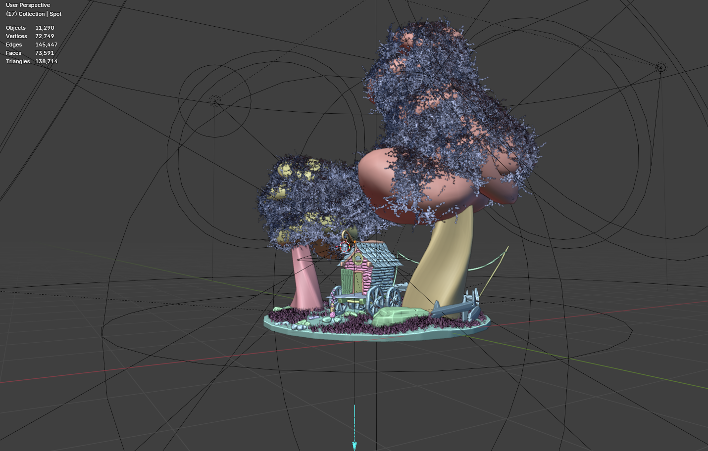 An untextured 3D model of the treehouse island in progress