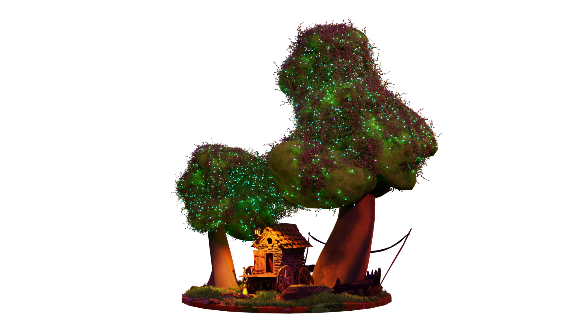 The treehouse island fully textured and lit with warm lantern light