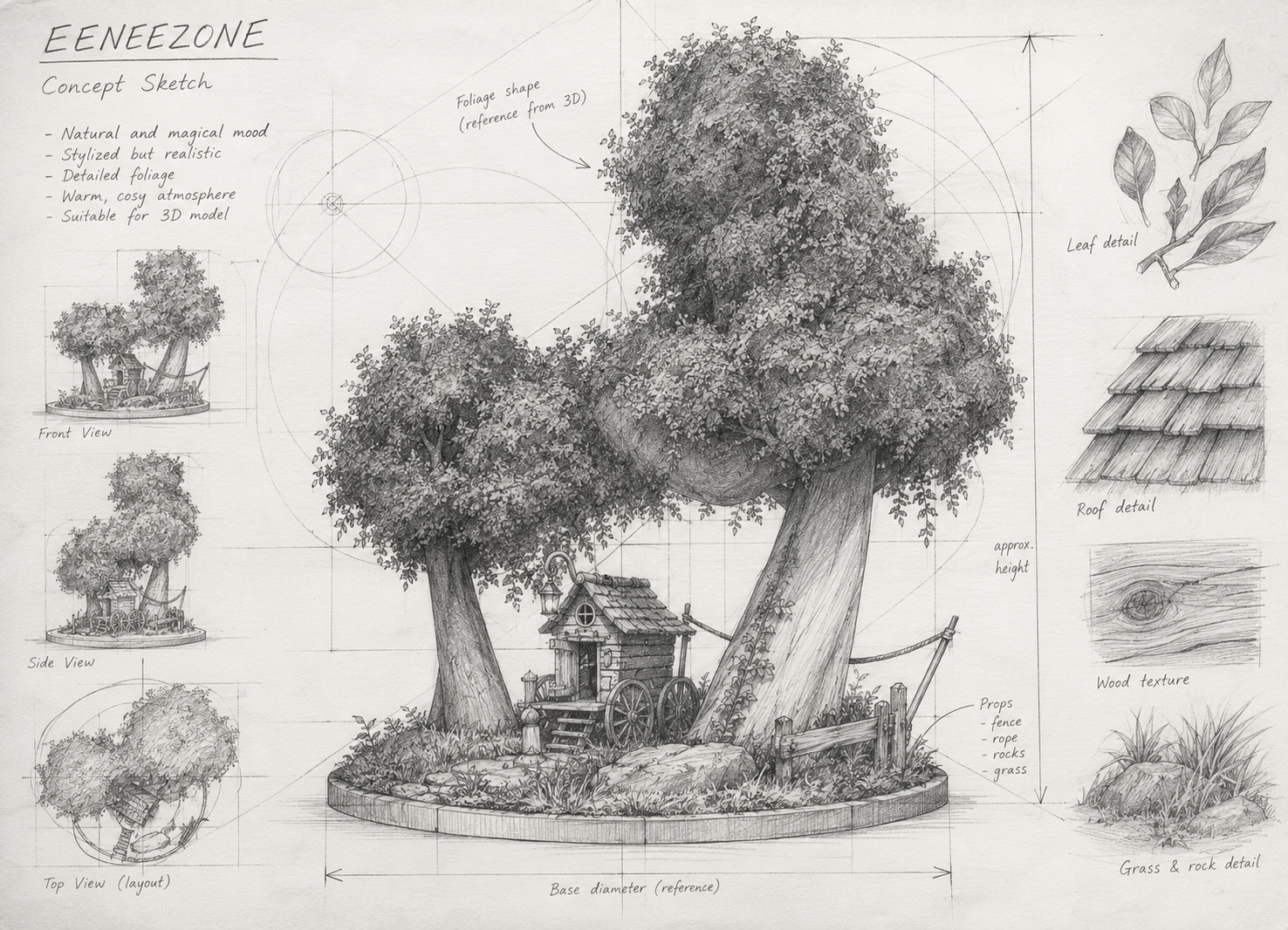 A pencil concept sketch of a treehouse island