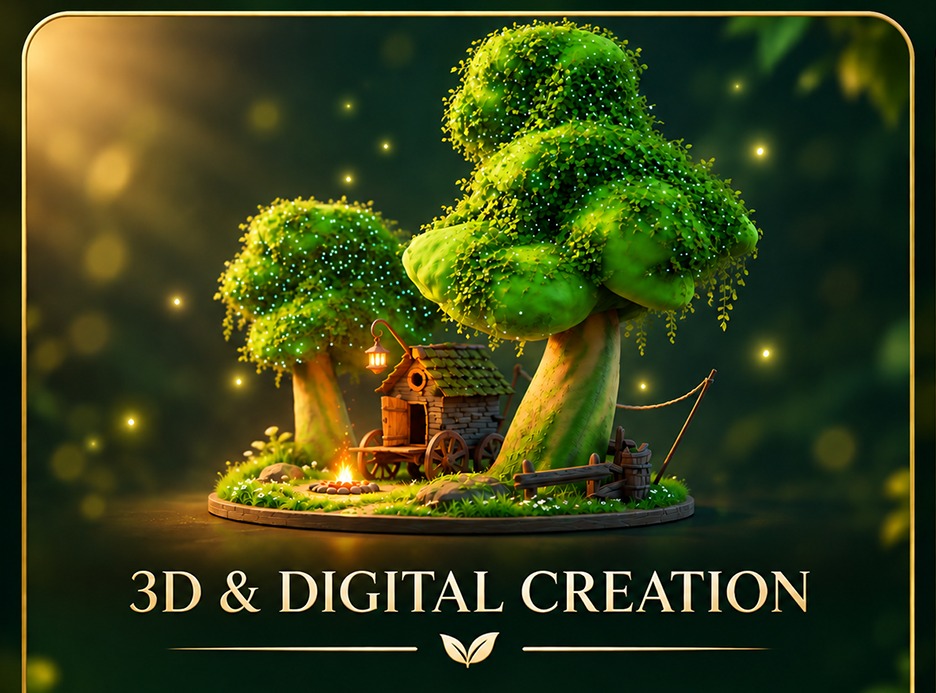 A glowing 3D treehouse island creation